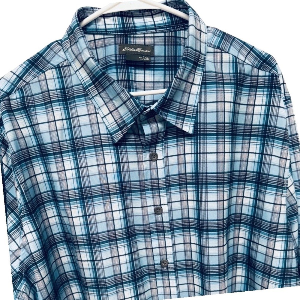 Eddie Bauer Mens 2XL Blue Plaid Performance Long Sleeve Button Down EM13LW182P
